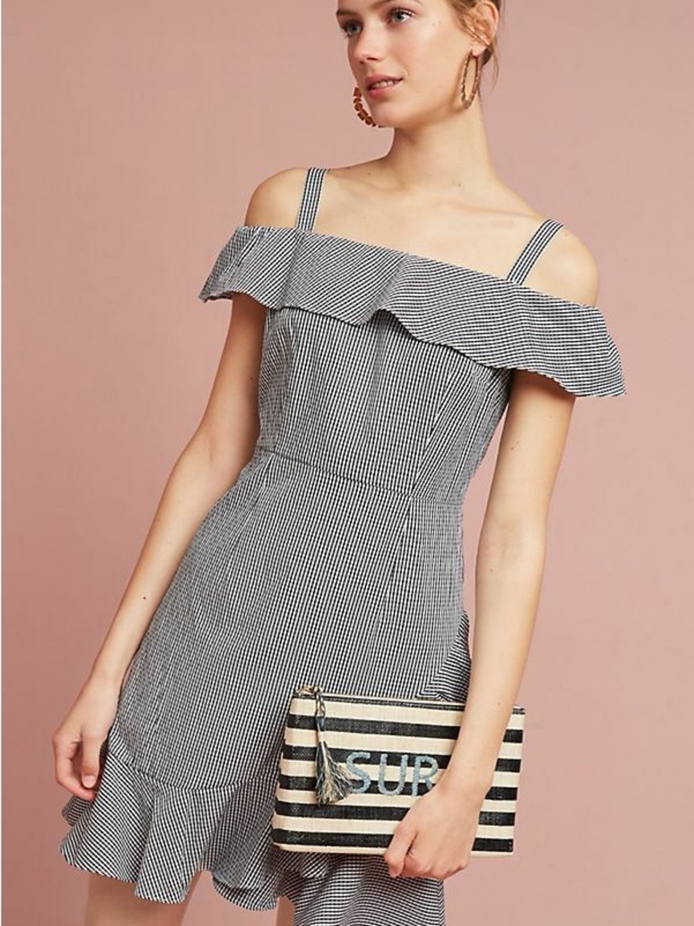 Donna Morgan Black and White Striped Off-Shoulder Mini Dress